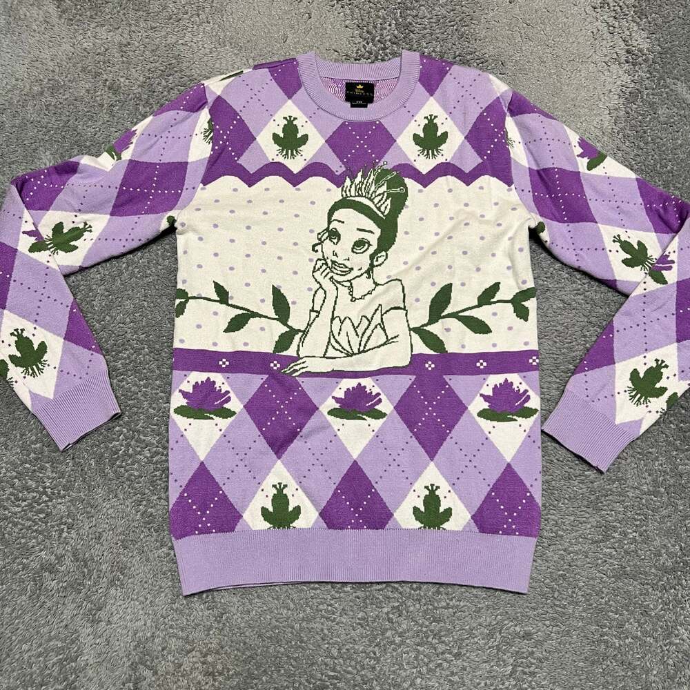 Disney Sweater Womens XXS Princess Tiana Princess & the Frog Purple Argyle